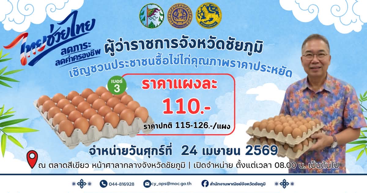 จังหวัดชัยภูมิชวนช้อป “ไข่ไก่ราคาประหยัด” ช่วยลดค่าครองชีพ 24 เม.ย. นี้! ที่ตลาดเขียว หน้าศาลากลาง (จำกัดไม่เกิน คนละ 3 แผง)